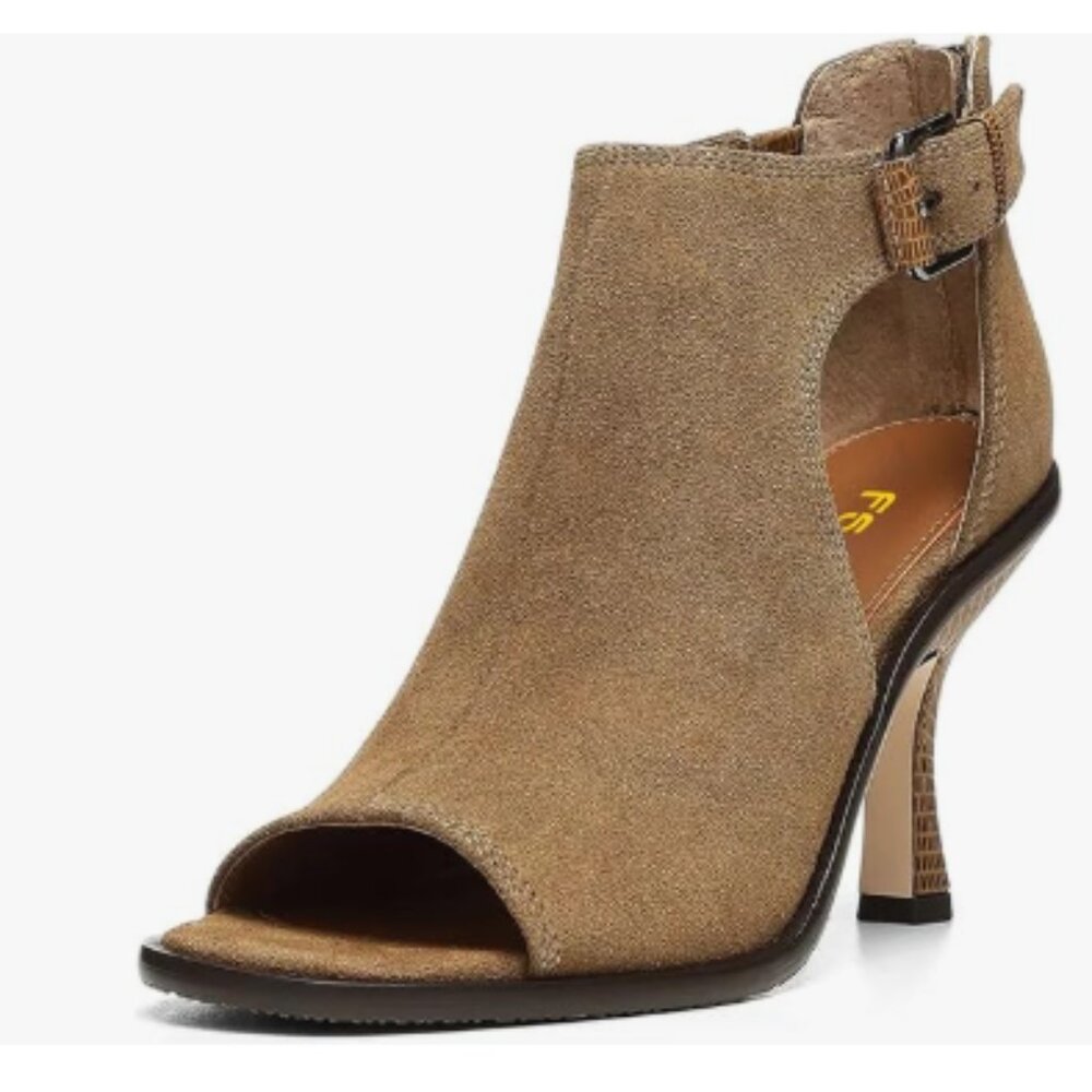 FSJ Tan Suede Open-Toe Buckle Heel Sandals